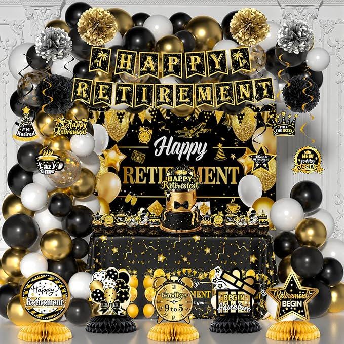 Retirement Party Decorations for Men Women Black Gold Banner Backdrop Balloons Centerpiece Set