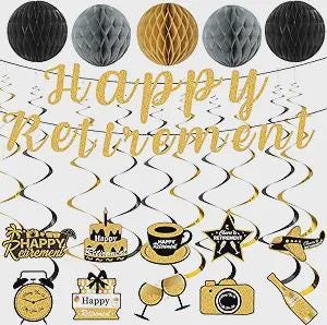 Happy Retirement Party Decorations Set Black Gold Banner Swirls Honeycomb Balls