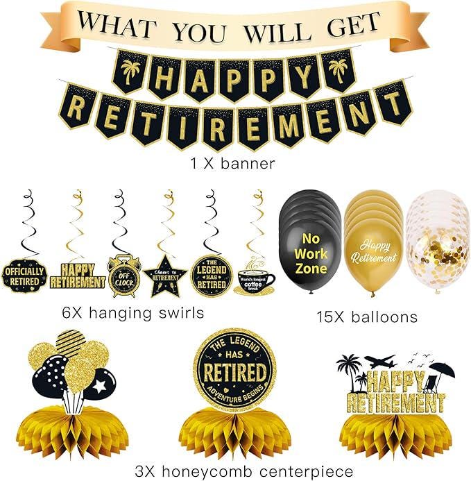 25Pcs Retirement Party Decorations for Men Women Black Gold Banner Balloons Centerpiece Set