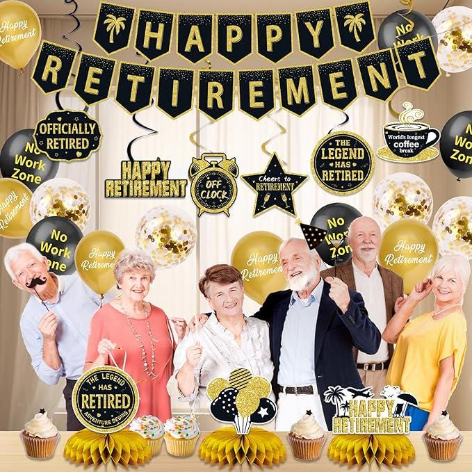 25Pcs Retirement Party Decorations for Men Women Black Gold Banner Balloons Centerpiece Set