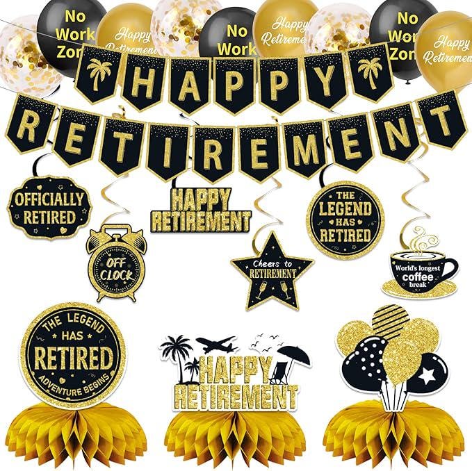 25Pcs Retirement Party Decorations for Men Women Black Gold Banner Balloons Centerpiece Set
