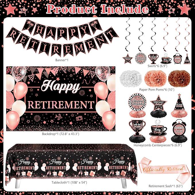Retirement Party Decorations for Women 109Pcs Rose Gold Black Banner Balloons Swirl Set