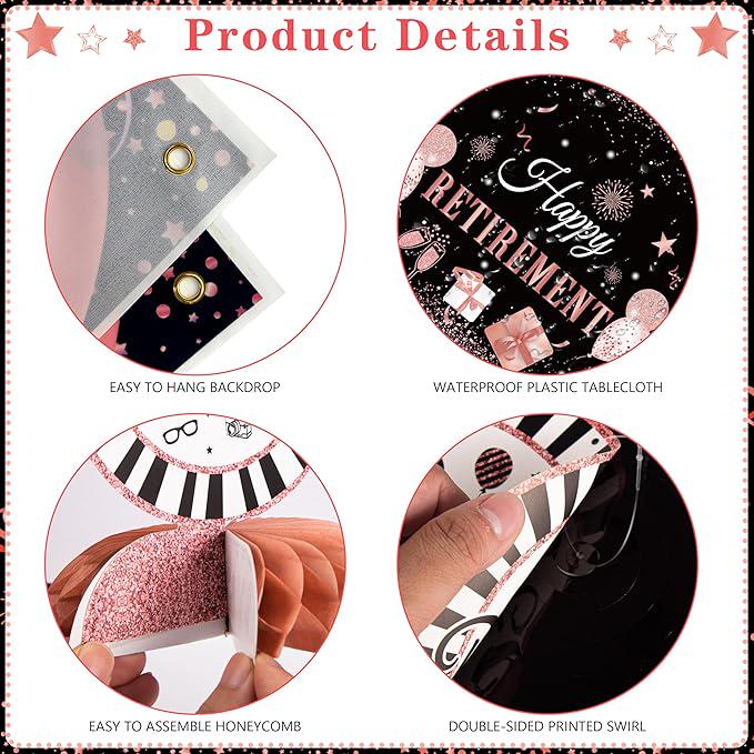 Retirement Party Decorations for Women 109Pcs Rose Gold Black Banner Balloons Swirl Set