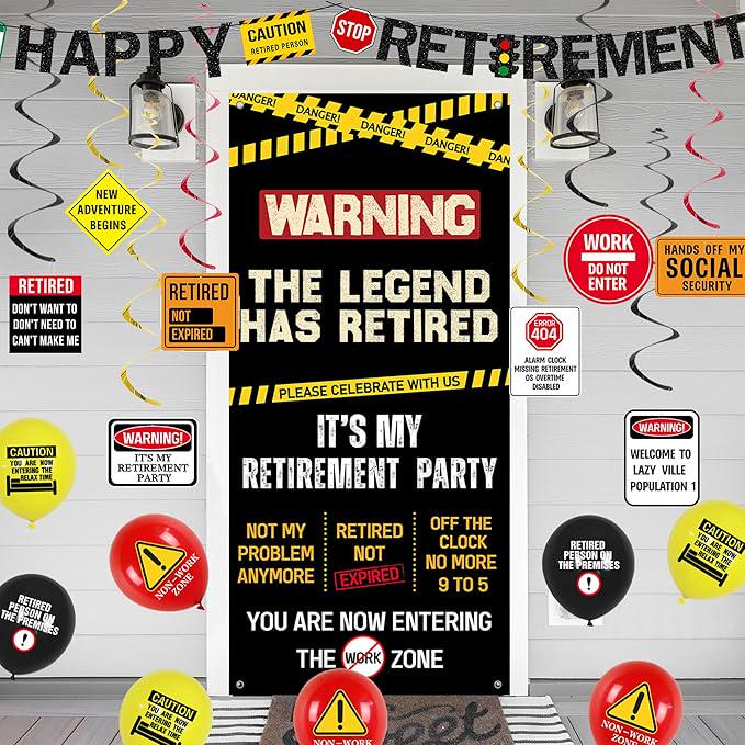 Retirement Decorations for Men Women Caution Banner Balloons Swirls Legend Retired Set