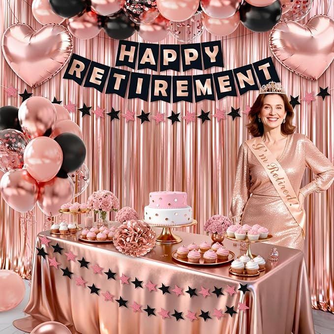 Retirement Party Decorations 44Pcs Rose Gold Banner Sash Crown Balloons Pompoms Set