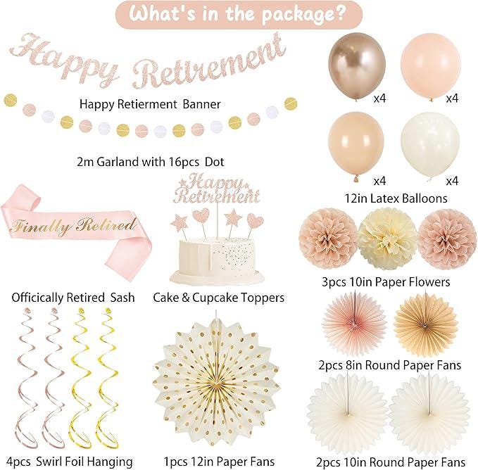 Retirement Decorations for Men and Women Champagne Gold Pink Happy Retirement Banner