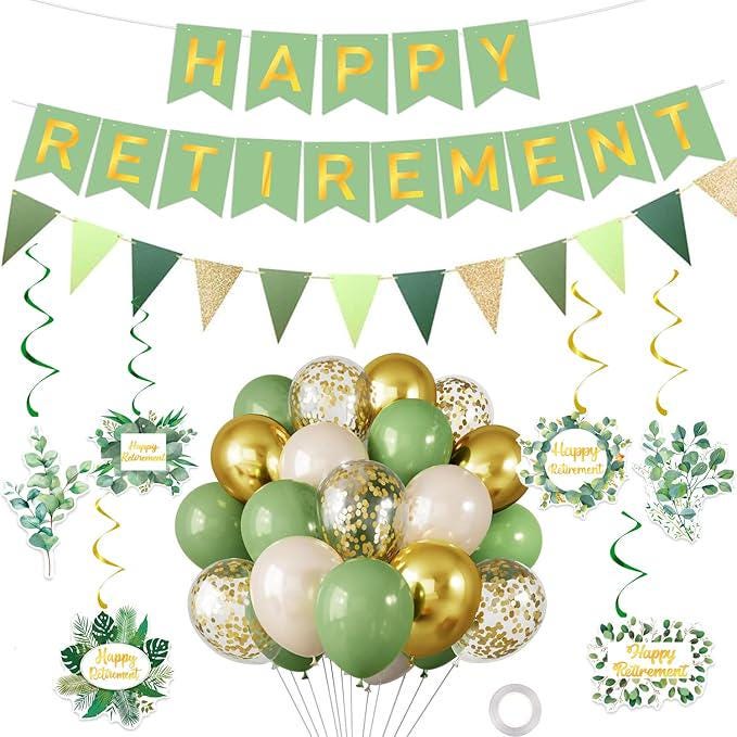 Sage Green Retirement Party Decoration Set: Banner, Balloons & Swirls
