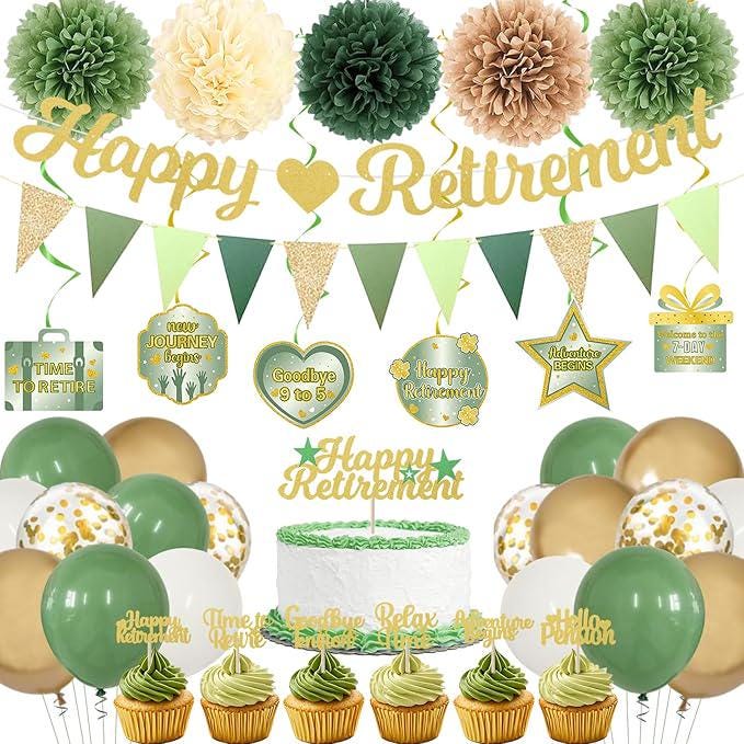 Retirement Party Decorations for Men and Women Green Happy Retirement Banner Balloons Pompoms