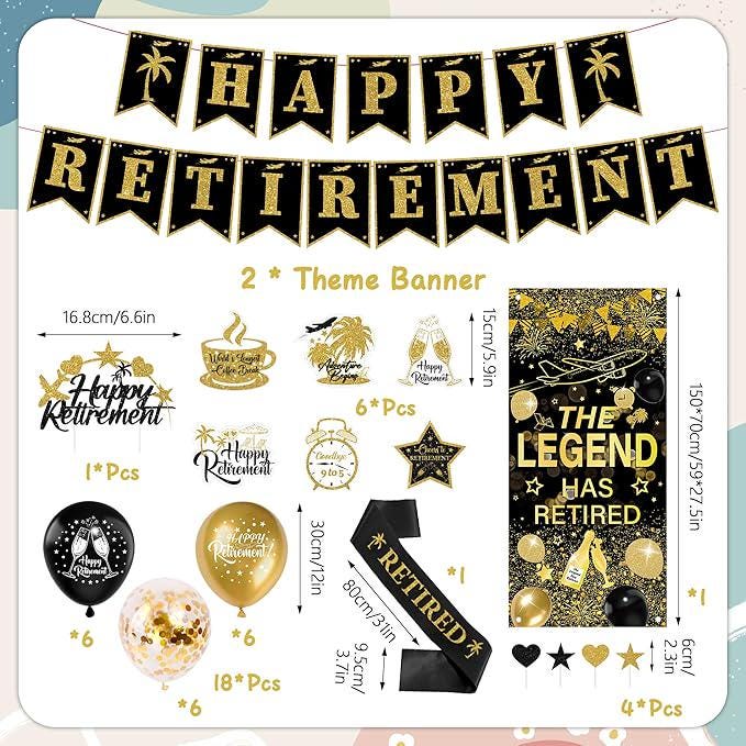 Happy Retirement Party Decorations 33pcs Gold Black Banners Balloons Cake Toppers Sash Confetti