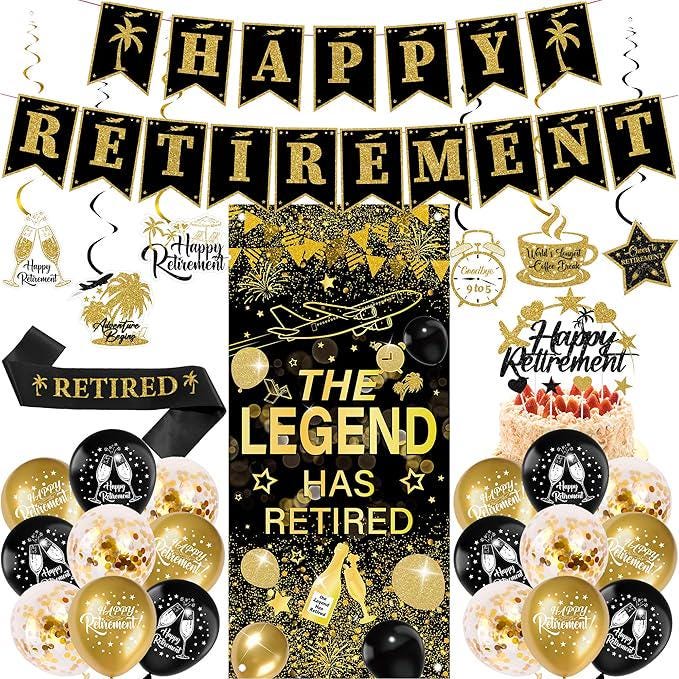 Happy Retirement Party Decorations 33pcs Gold Black Banners Balloons Cake Toppers Sash Confetti