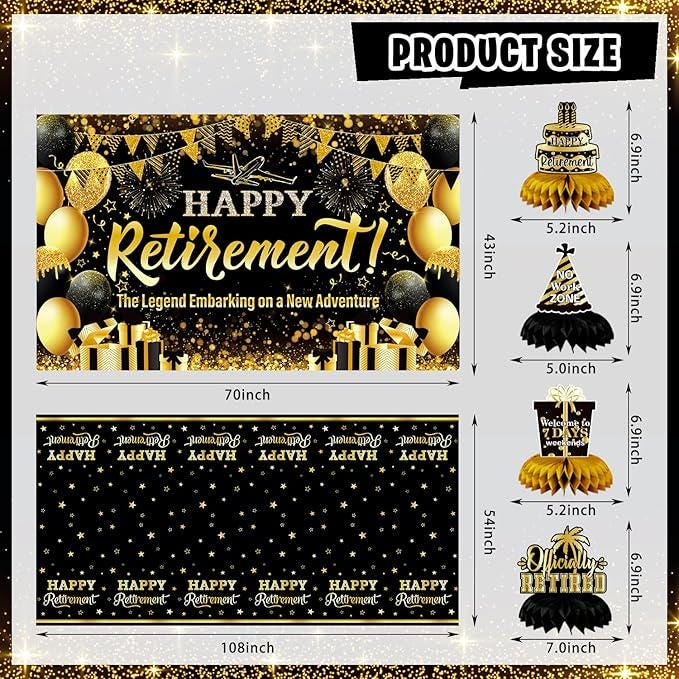 Retirement Party Decorations 78pcs Gold Black Happy Retirement Banner Backdrop Centerpieces Sash