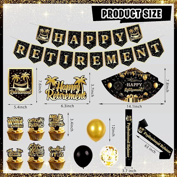 Retirement Party Decorations 78pcs Gold Black Happy Retirement Banner Backdrop Centerpieces Sash