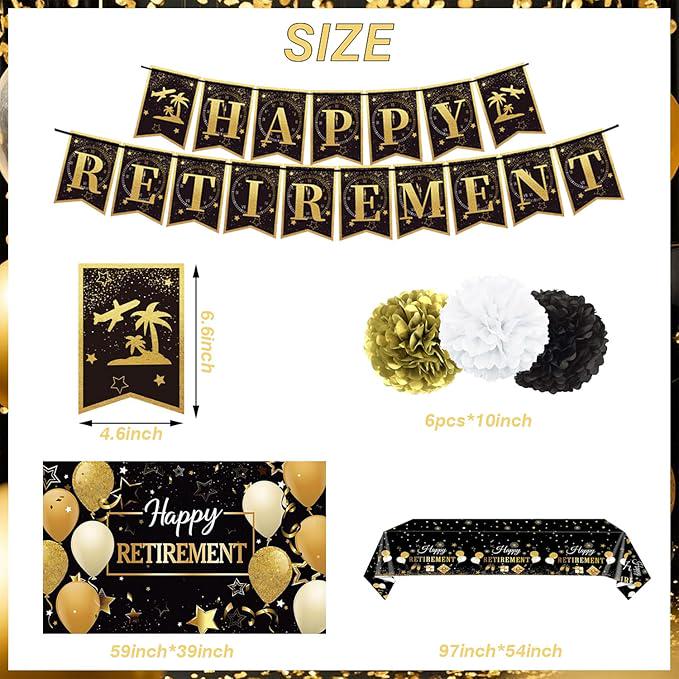Retirement Party Decorations Black Gold Napkins Plates Banner Backdrop Honeycomb Centerpiece