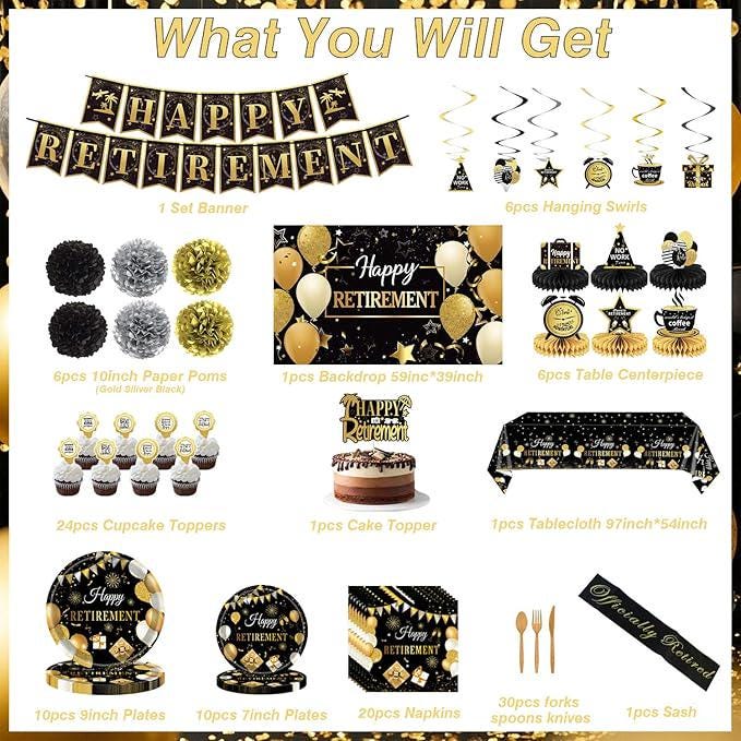 Retirement Party Decorations Black Gold Napkins Plates Banner Backdrop Honeycomb Centerpiece