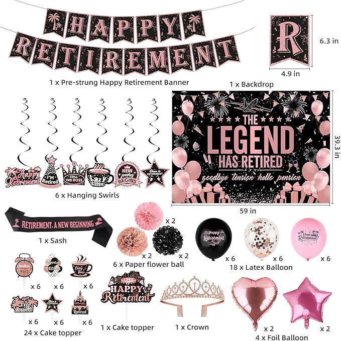 Rose Gold Retirement Party Decorations Kit for Women Banner Sash Crown