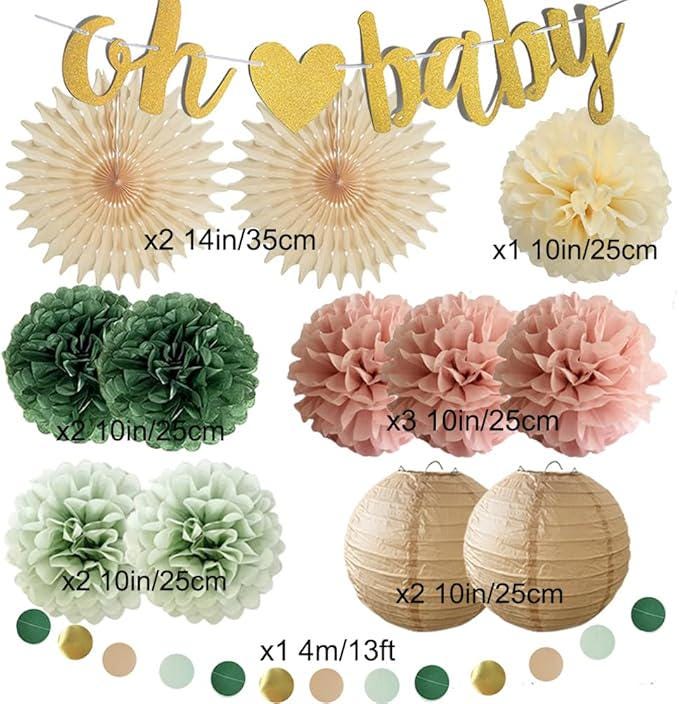 14pcs Dusty Rose Sage Baby Shower Decor with Pom Poms, Lanterns & Banner