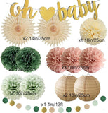 14pcs Dusty Rose Sage Baby Shower Decor with Pom Poms, Lanterns & Banner