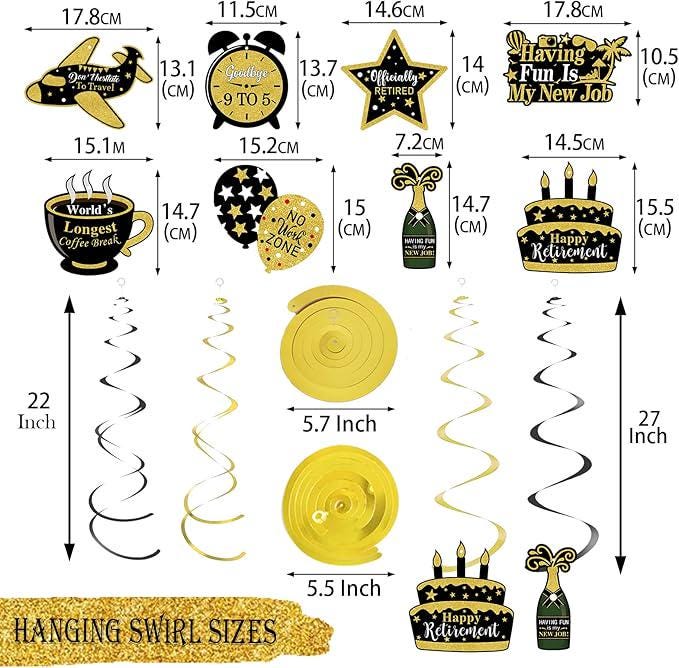 Black and Gold Retirement Party Decorations Kit with Banner and Swirls