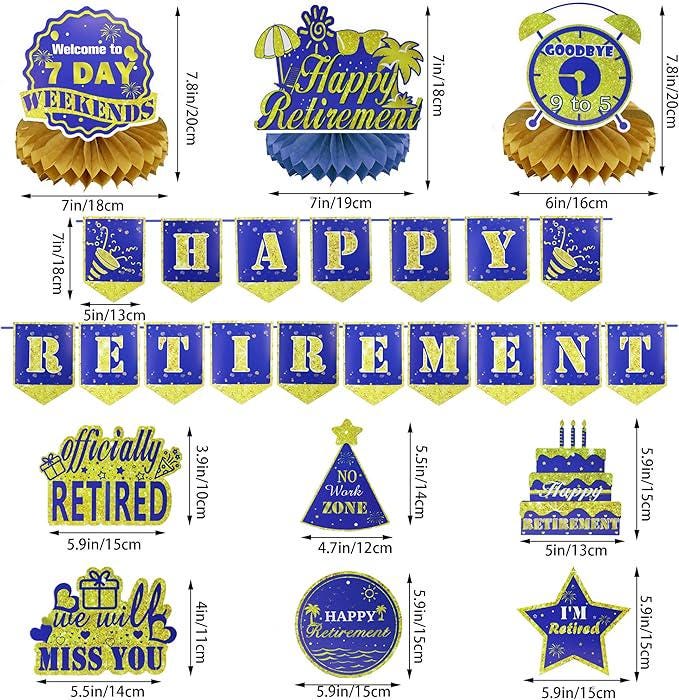 16Pcs Blue Gold Retirement Party Decorations Kit Banner Swirls Table Decor