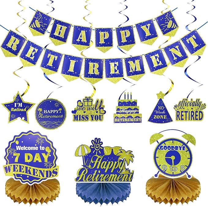 16Pcs Blue Gold Retirement Party Decorations Kit Banner Swirls Table Decor