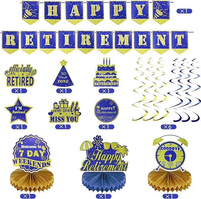 16Pcs Blue Gold Retirement Party Decorations Kit Banner Swirls Table Decor