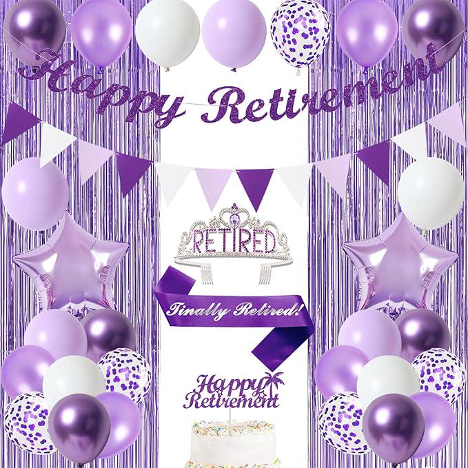 Purple Retirement Decorations Kit for Women Banner Crown Sash Balloons
