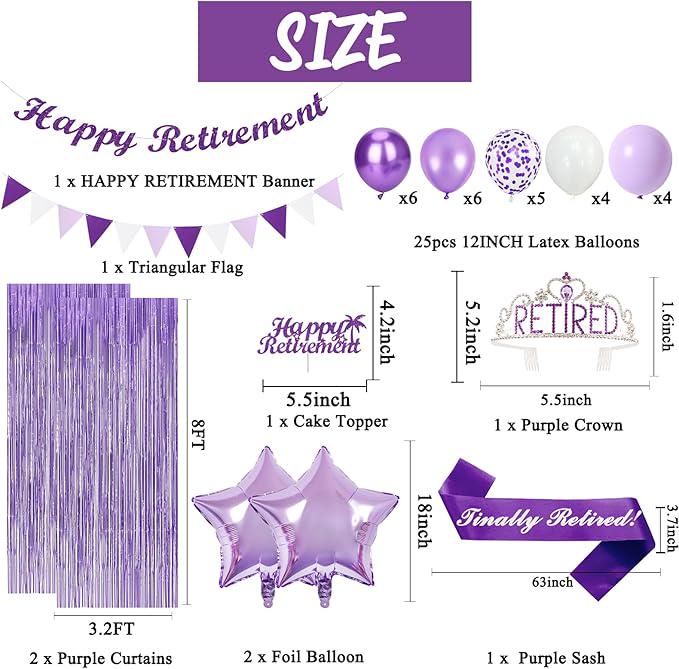 Purple Retirement Decorations Kit for Women Banner Crown Sash Balloons