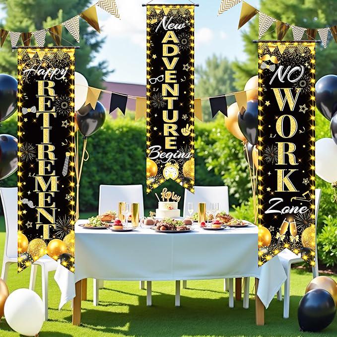 3Pcs Black Gold Retirement Porch Door Banner Happy Retirement Sign