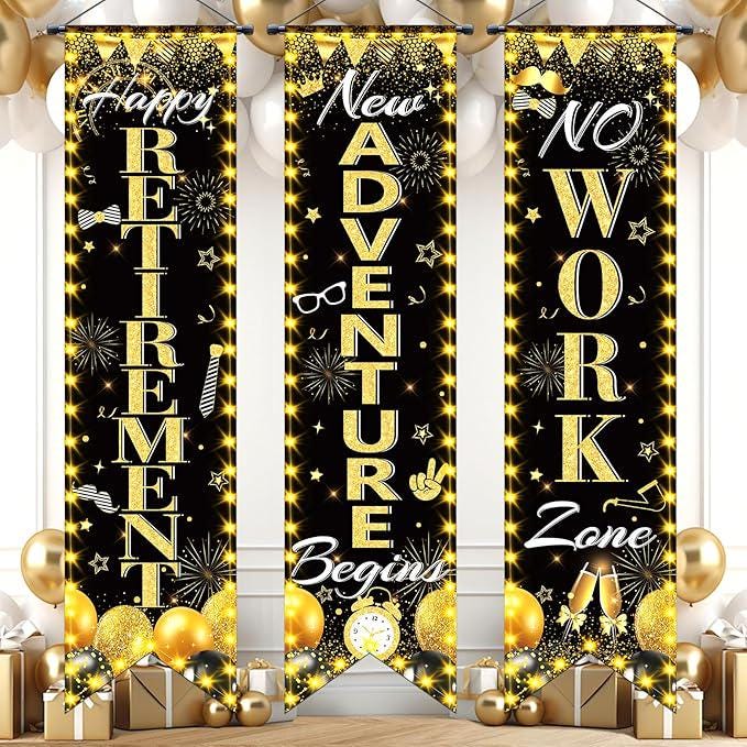 3Pcs Black Gold Retirement Porch Door Banner Happy Retirement Sign