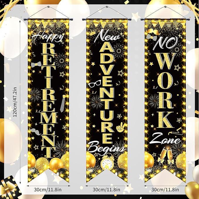 3Pcs Black Gold Retirement Porch Door Banner Happy Retirement Sign