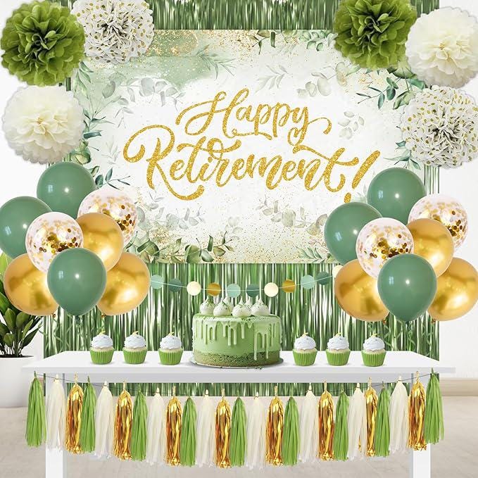 Sage Green Retirement Party Decorations Banner Balloons Foil Curtains Pom Poms