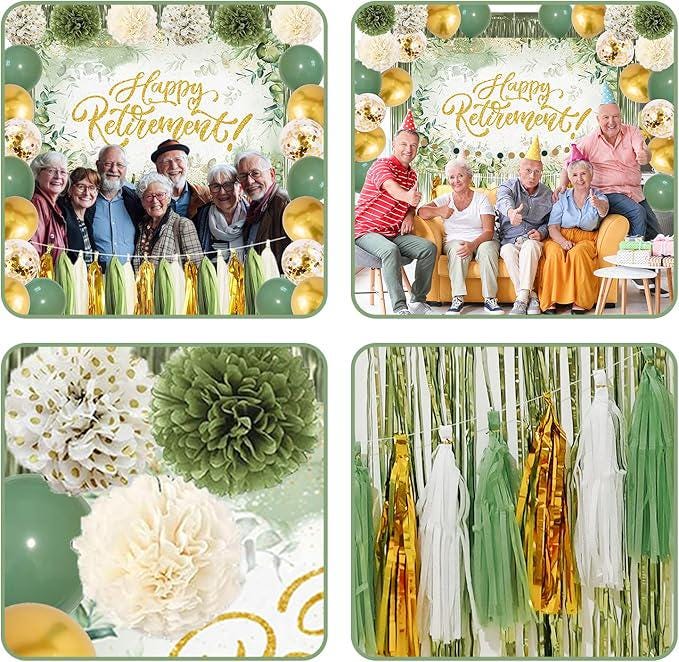 Sage Green Retirement Party Decorations Banner Balloons Foil Curtains Pom Poms