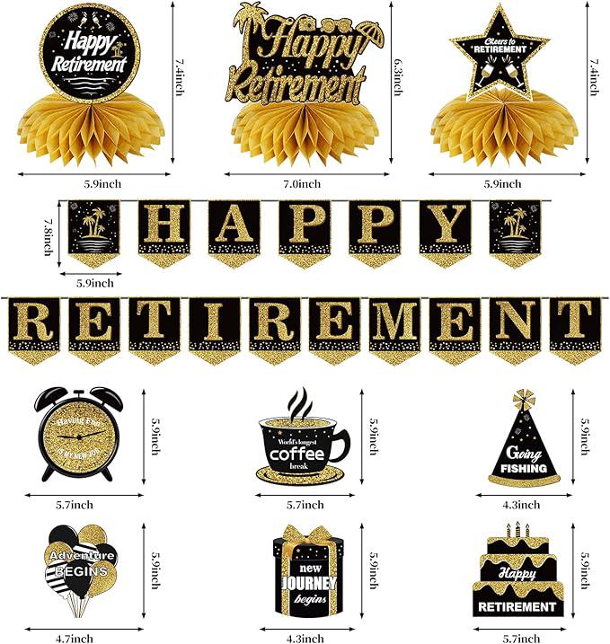 Happy Retirement Party Decorations Kit Black Gold Banner Honeycomb Swirls