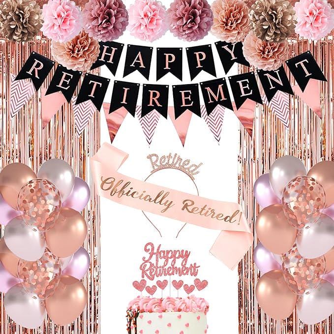 67Pcs Rose Gold Retirement Party Decorations Banner Balloons Cake Toppers