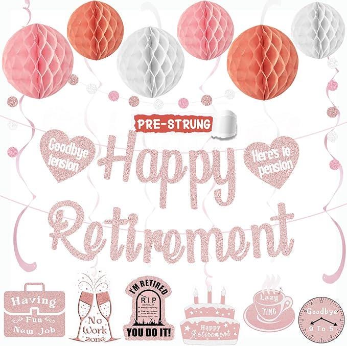 Rose Gold Retirement Party Decorations 21Pcs Banner Honeycomb Balls Swirls Garland