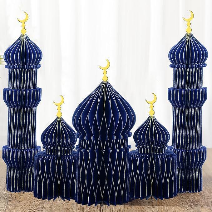 5 PCS Ramadan Party Decorations 3D Honeycomb Centerpieces Eid Mubarak Table Décor Blue