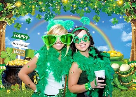 St Patricks Day Photography Backdrop Lucky Green Shamrock Gold Coins Rainbow 82x59 Inch