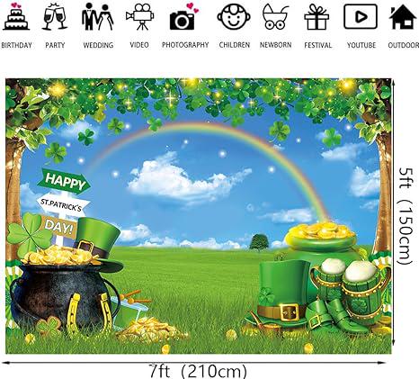 St Patricks Day Photography Backdrop Lucky Green Shamrock Gold Coins Rainbow 82x59 Inch