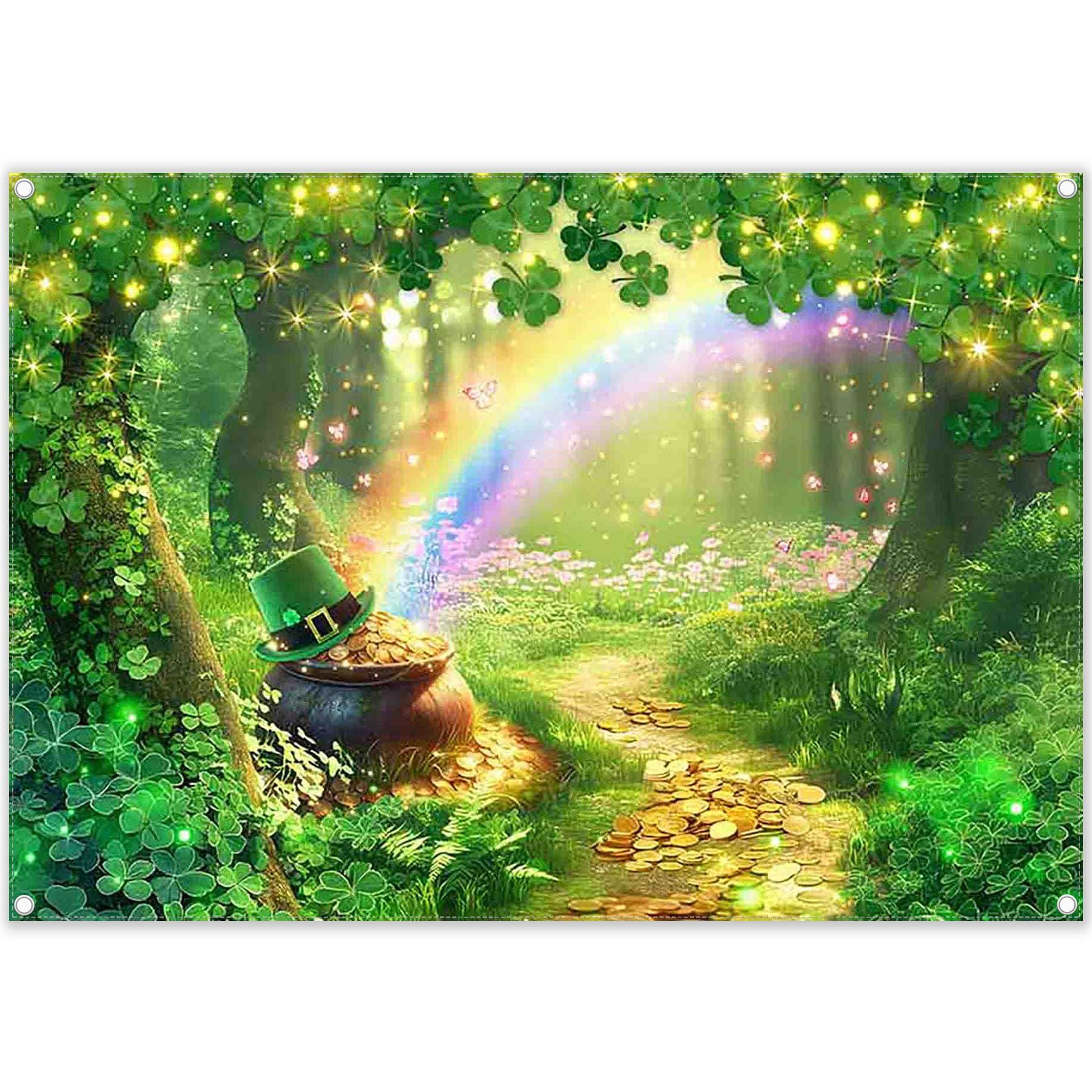 7x5ft Fabric St Patricks Day Photography Backdrop Rainbow Shamrock Gold Coins