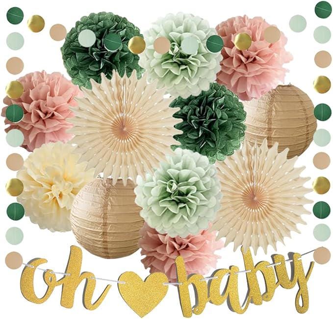 14pcs Dusty Rose Sage Baby Shower Decor with Pom Poms, Lanterns & Banner