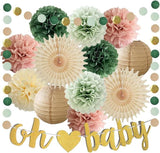 14pcs Dusty Rose Sage Baby Shower Decor with Pom Poms, Lanterns & Banner
