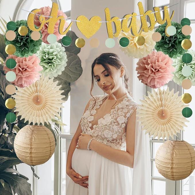 14pcs Dusty Rose Sage Baby Shower Decor with Pom Poms, Lanterns & Banner
