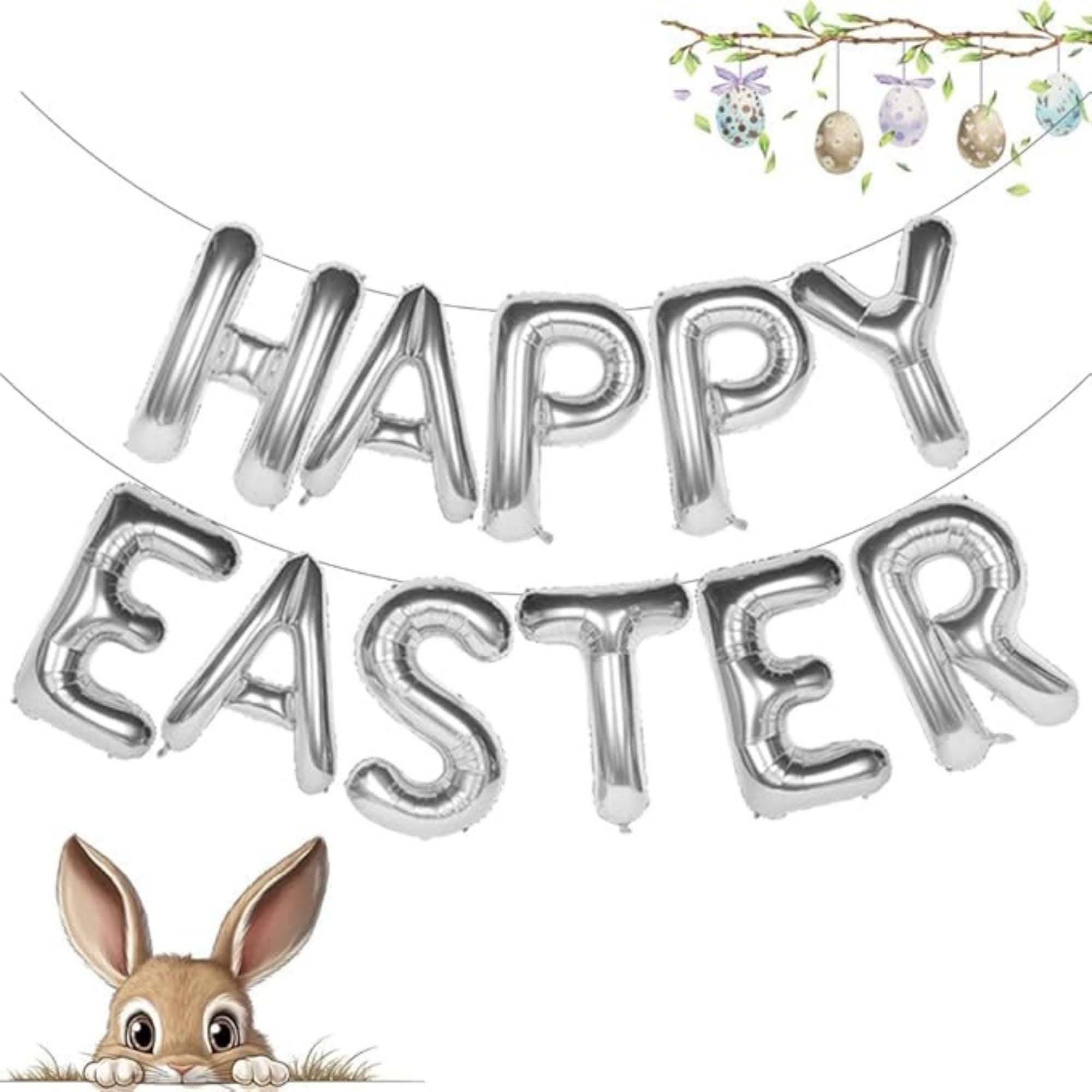 Happy Easter Silver Letter Balloons 16 Inch Mylar Banner Party Decor Supplies