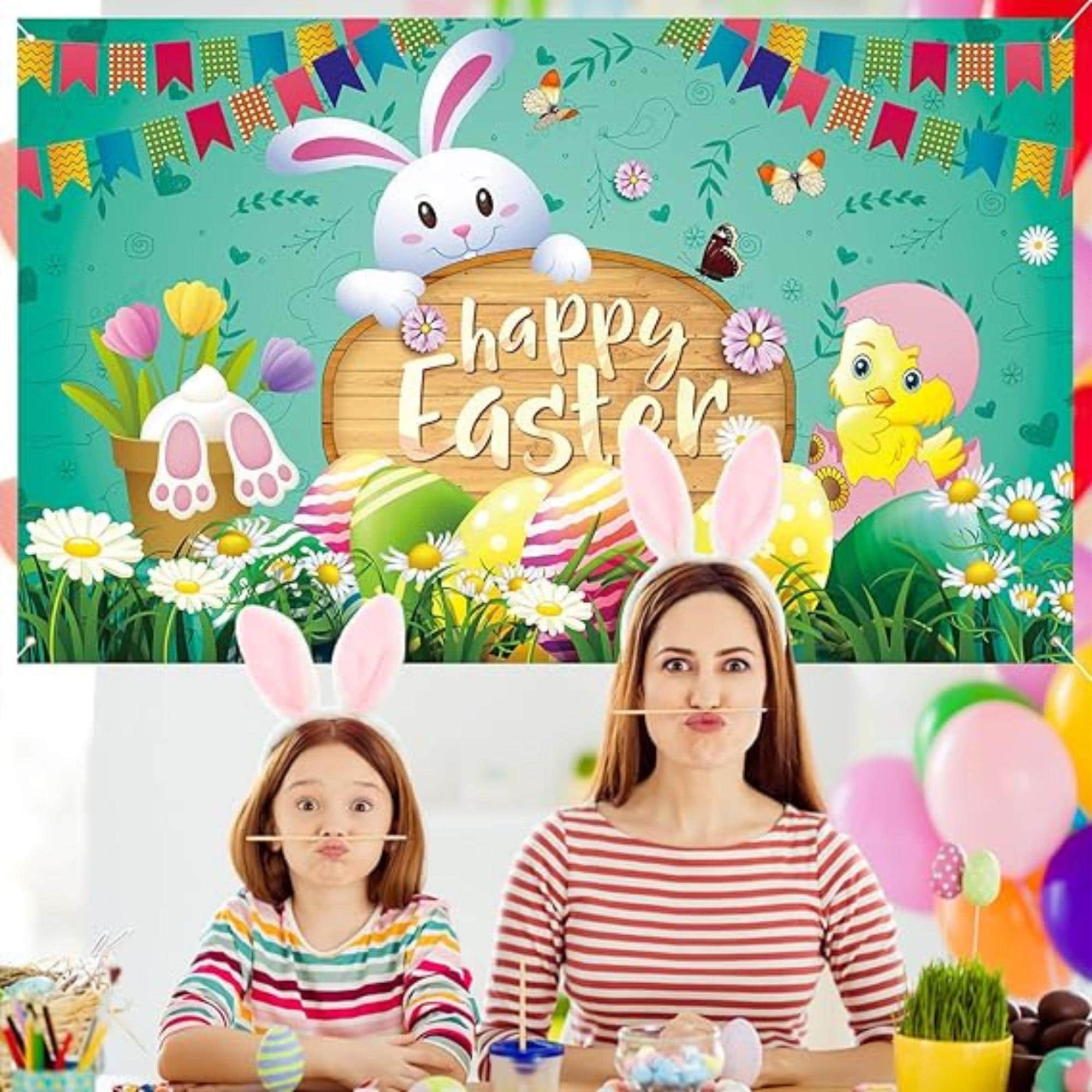 Happy Easter Banner Backdrop 72 x 43 Inch Bunny Chick Egg Spring Party Decor