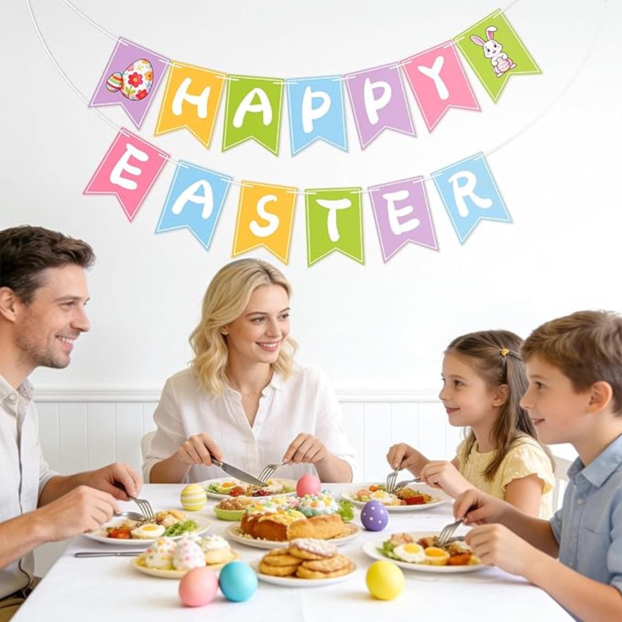 Happy Easter Banner Garland Pre-Strung Bunny Egg Paper Party Decor Supplies