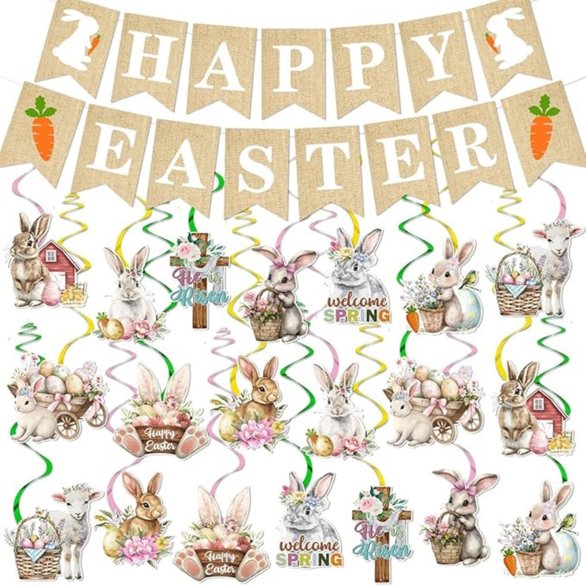 Happy Easter Garland Banner Bunny Egg Hanging Swirl Party Decor Supplies