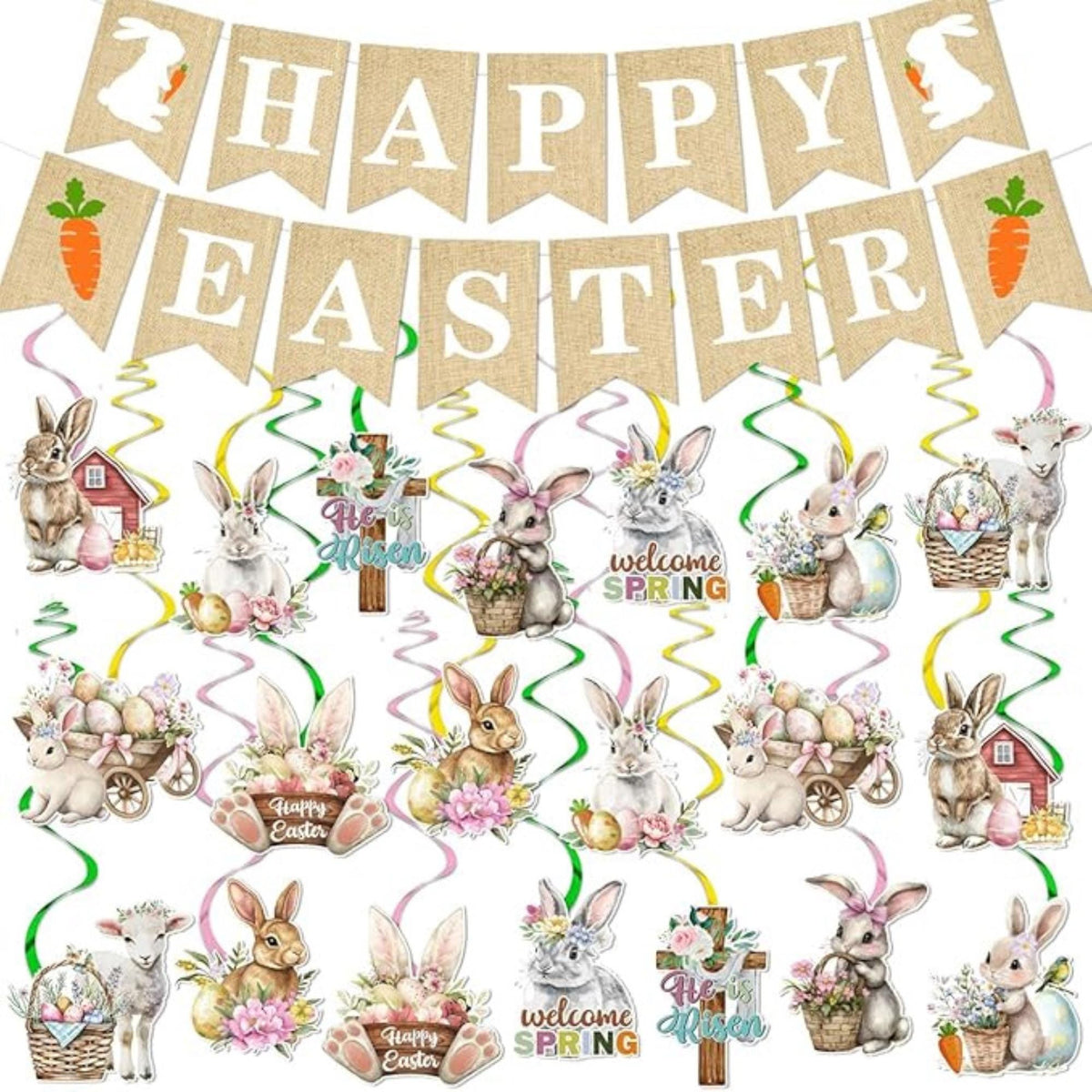 Happy Easter Garland Banner Bunny Egg Hanging Swirl Party Decor Supplies