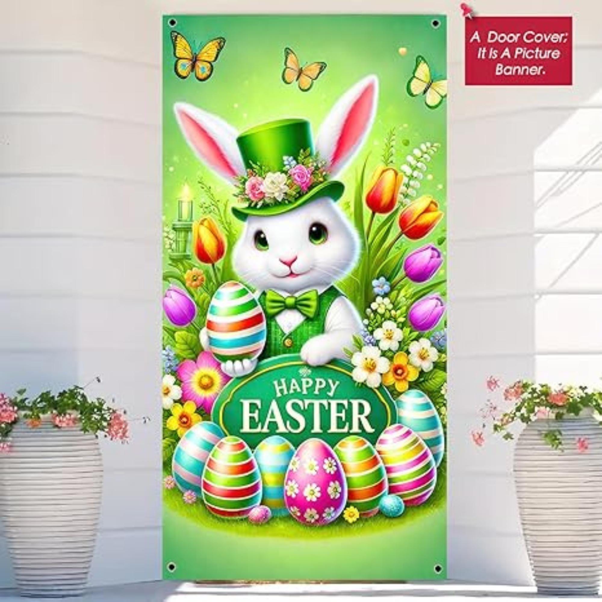 Happy Easter Bunny Door Cover Banner: Festive Porch Wall Decor Supplies