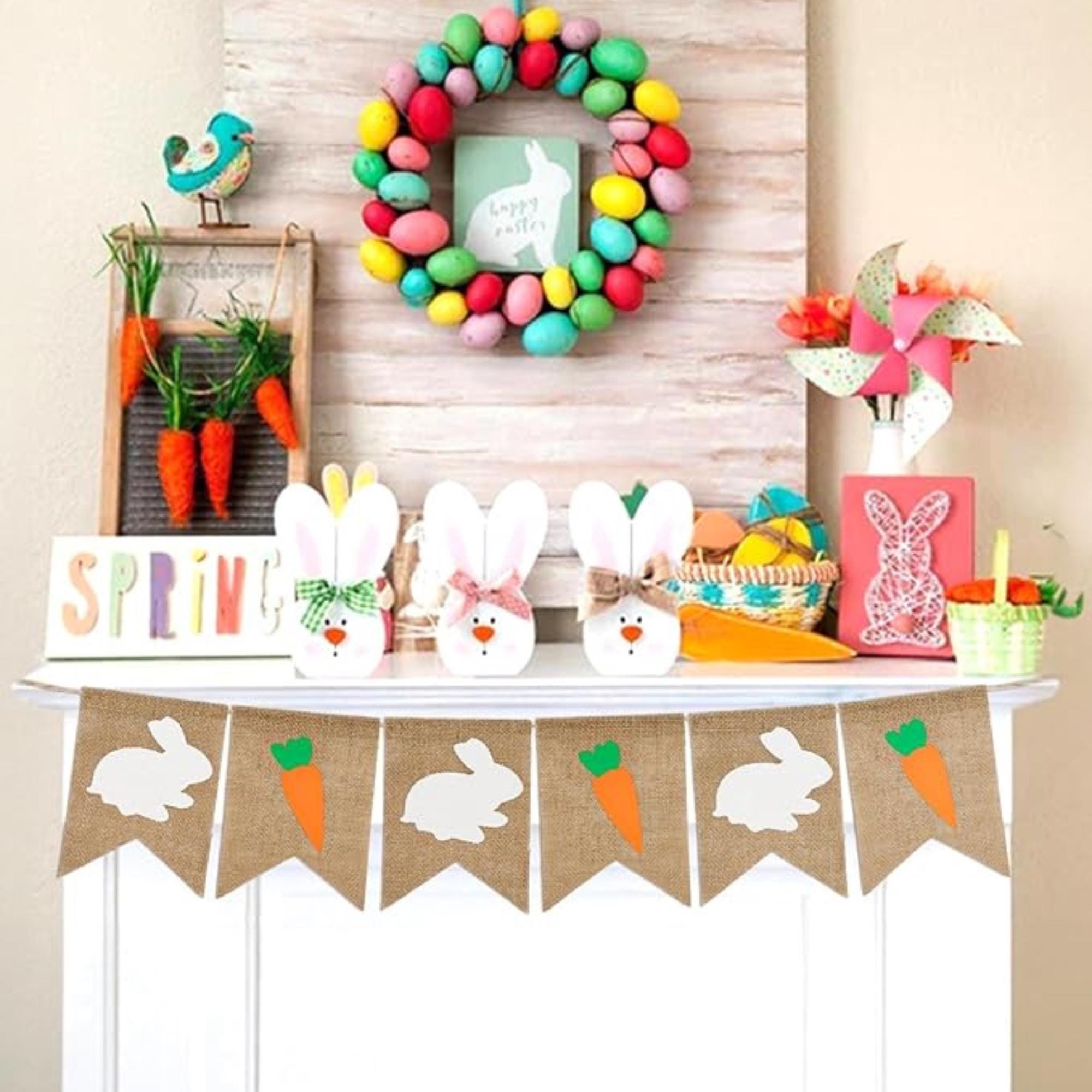 Easter Burlap Banner: Bunny Carrot Garland, Rustic Farmhouse Party Decor