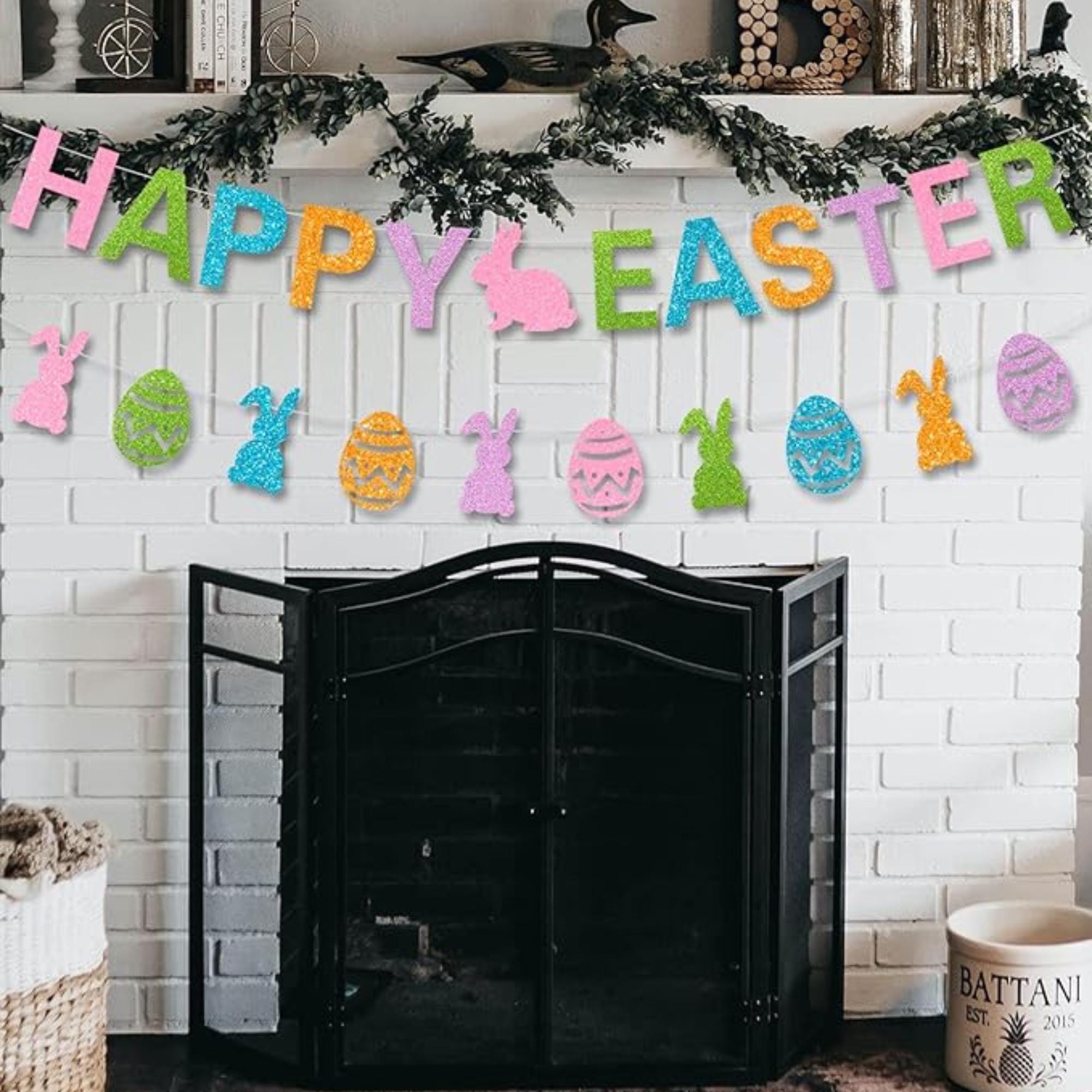 Glitter Happy Easter Banner with Bunny Egg Garland Colorful Party Decor Supplies
